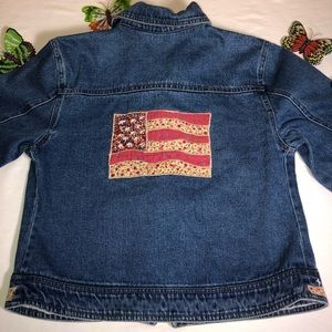 Vintage Agapo American Flag Denim Jacket, Decorative trim w/embroidered stars,